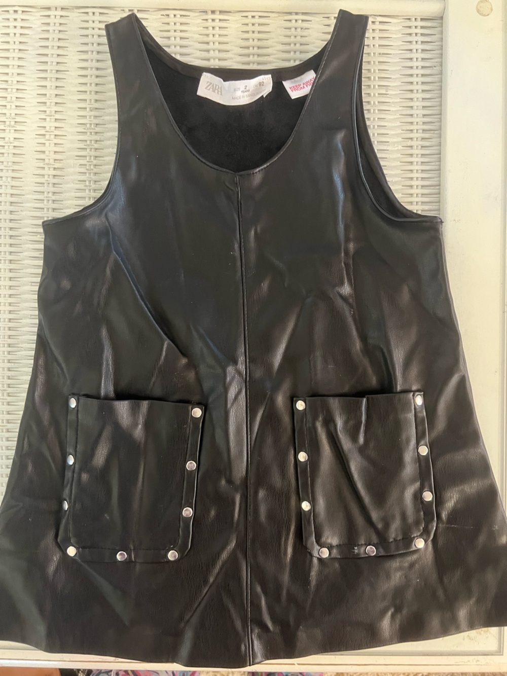 Zara Kids Faux Leather Black Studded Pinafore Dress features
